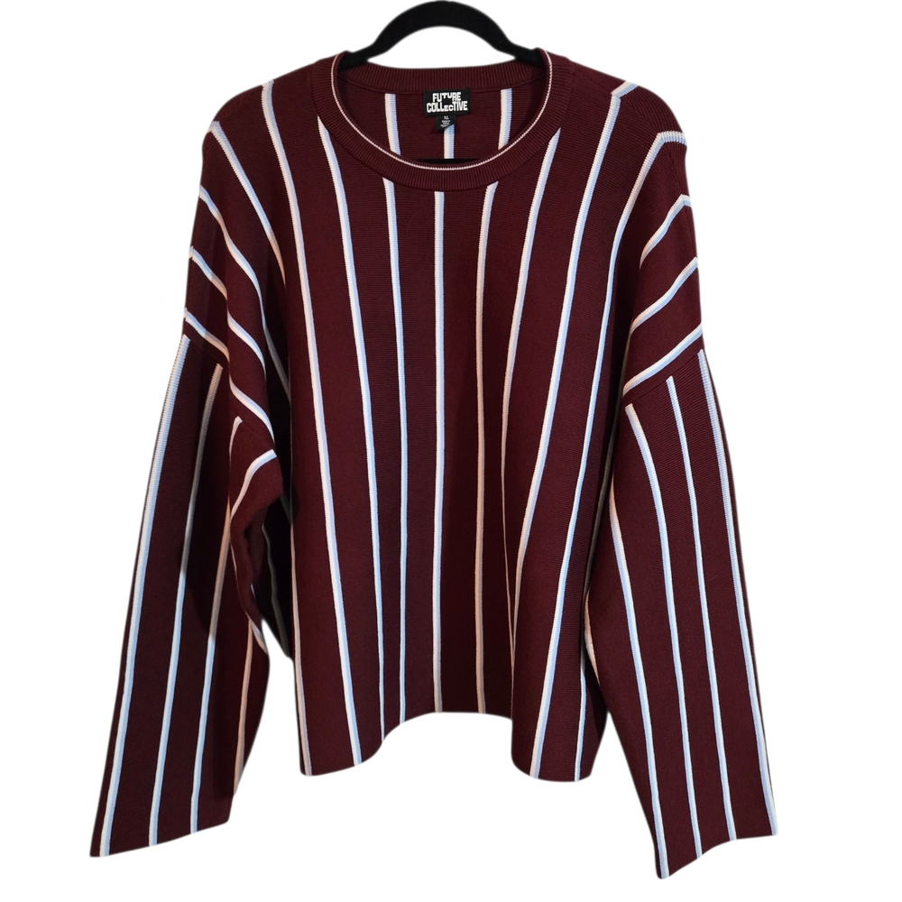 Future Collective Burgundy Striped Long Sleeve Crew Neck Sweater Viscose Blend